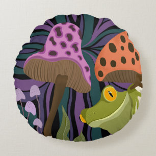 Whimsical Tree Frog And Mushrooms Round Cushion