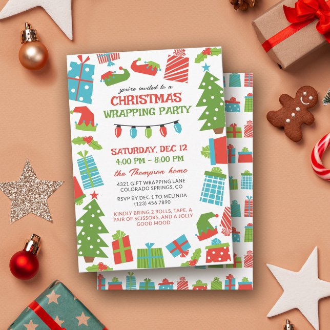 Whimsical Tree & Gifts Christmas Wrapping Party Invitation (Creator Uploaded)