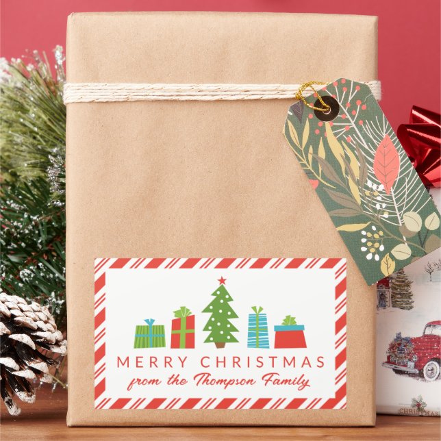 Whimsical Tree & Gifts Merry Christmas From Rectangular Sticker (Holiday)