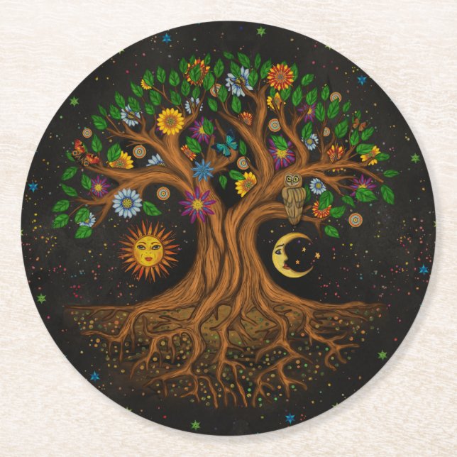 Whimsical Tree of Life - Yggdrasil Round Paper Coaster (Front)