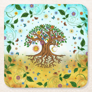 Whimsical Tree of Life - Yggdrasil Square Paper Coaster