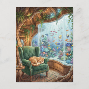Whimsical Treehouse Interior with Sleeping Cat Postcard