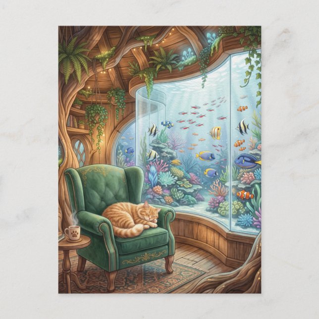 Whimsical Treehouse Interior with Sleeping Cat Postcard (Front)