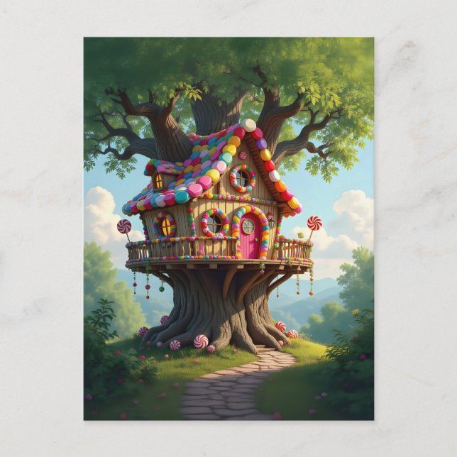 Whimsical Treehouse  With Colourful  Candies  Postcard (Front)