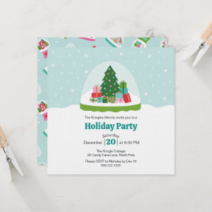 Whimsical Trees and Gifts Snow Globe in Aqua Blue Invitation