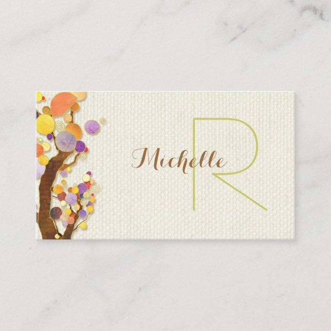 Whimsical Trees + Burlap Monogram Business Card (Front)