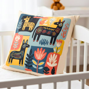 Whimsical Tribal Animals Floral Folk Art Cushion