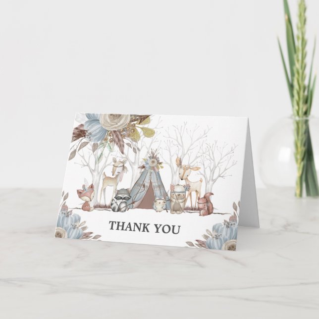 Whimsical Tribal Woodland Animals Baby Shower Boy Thank You Card (Front)