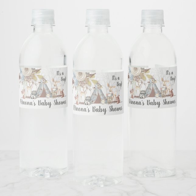 Whimsical Tribal Woodland Animals Boy Baby Shower Water Bottle Label (Bottles)