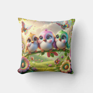 Whimsical Trio of Springtime Songbirds Cushion