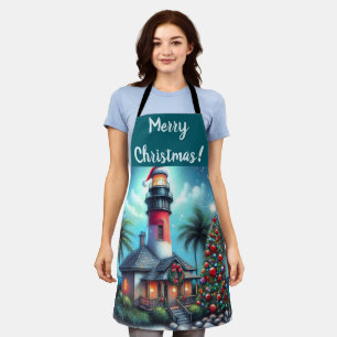 Whimsical Tropical Christmas Lighthouse Teal Red Apron