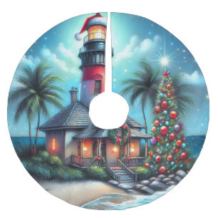 Whimsical Tropical Christmas Lighthouse Teal Red Brushed Polyester Tree Skirt