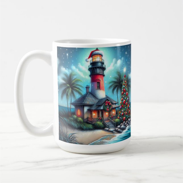 Whimsical Tropical Christmas Lighthouse Teal Red Coffee Mug (Left)
