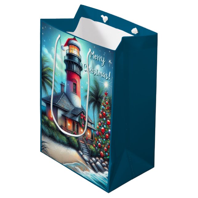 Whimsical Tropical Christmas Lighthouse Teal Red Medium Gift Bag (Front Angled)