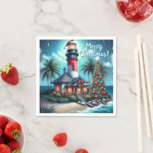Whimsical Tropical Christmas Lighthouse Teal Red Napkin