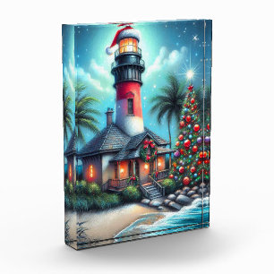 Whimsical Tropical Christmas Lighthouse Teal Red Photo Block