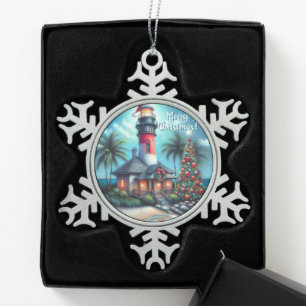 Whimsical Tropical Christmas Lighthouse Teal Red Snowflake Pewter Christmas Ornament