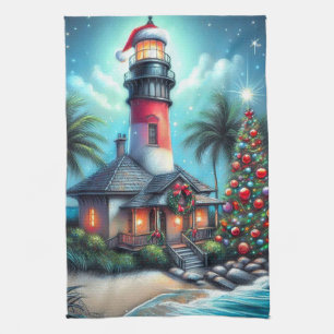 Whimsical Tropical Christmas Lighthouse Teal Red Tea Towel
