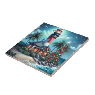 Whimsical Tropical Christmas Lighthouse Teal Red Tile