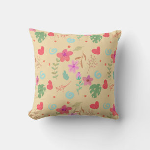 Whimsical Tropical Floral and Hearts Watercolor T Cushion