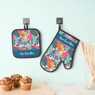 Whimsical Tropical Floral Leaf Print Oven Mitt & Pot Holder Set
