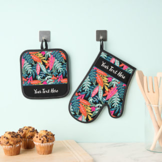 Whimsical Tropical Floral Leaf Print Oven Mitt & Pot Holder Set