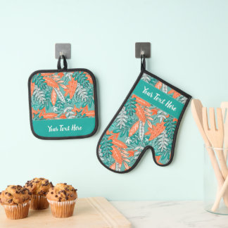 Whimsical Tropical Floral Leaf Print Oven Mitt & Pot Holder Set