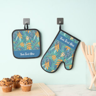 Whimsical Tropical Floral Leaf Print Oven Mitt & Pot Holder Set