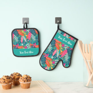 Whimsical Tropical Floral Leaf Print Oven Mitt & Pot Holder Set