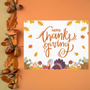 Whimsical Turkey and Autumn Leaves Thanksgiving Postcard