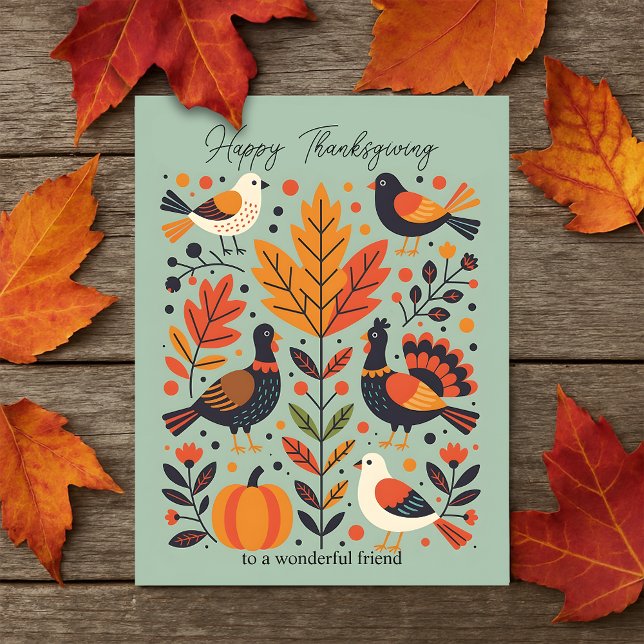 Whimsical Turkeys & Folk Art Leaves Thanksgiving  Holiday Postcard (Creator Uploaded)