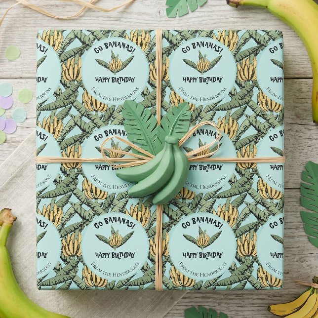Whimsical Turquoise Banana Wrapping Paper (Tropical banana leaves and banana fruit illustrated pattern hand-drawn in black ink on turquoise.)