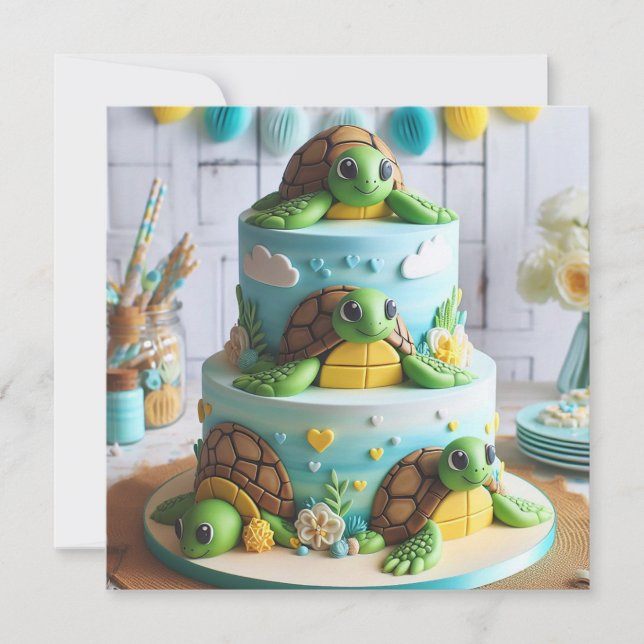 WHIMSICAL TURTLE CAKE BIRTHDAY INVITATION (Front)