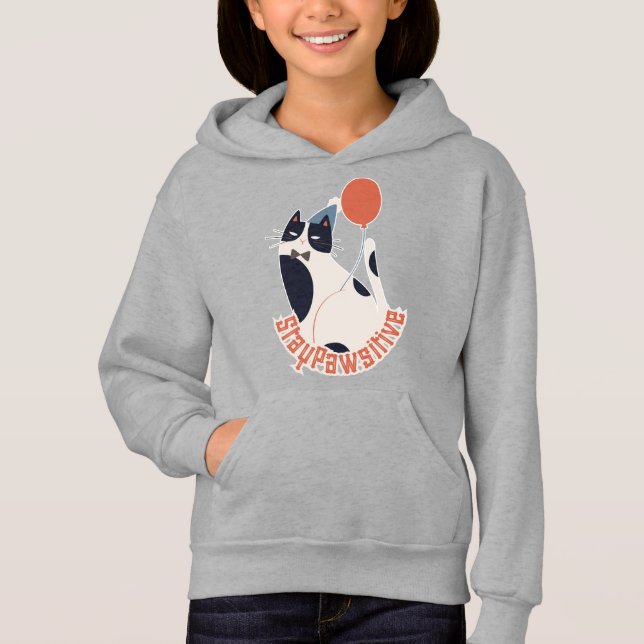 Whimsical Tuxedo Cat Balloon Youth Pullover (Front)