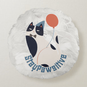Whimsical Tuxedo Cat Stay Pawsitive Round Throw Pi Cushion