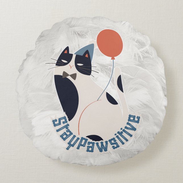 Whimsical Tuxedo Cat Stay Pawsitive Round Throw Pi Cushion (Front)