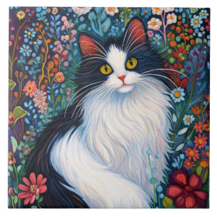 Whimsical Tuxedo Cat with Wildflowers Tile