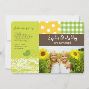 Whimsical Twin Birds Lace Birthday Party Photo Invitation