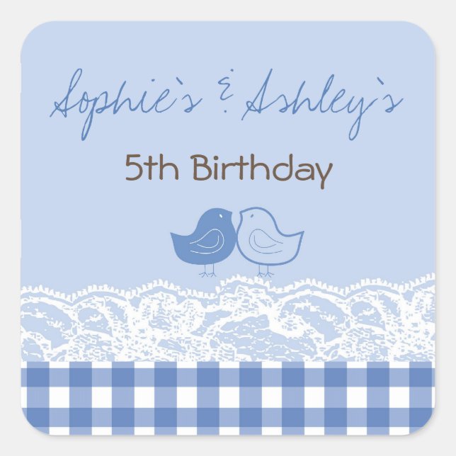 Whimsical Twin Birds Lace Birthday Party Sticker (Front)