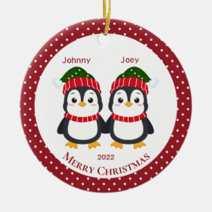 Whimsical Twin Brothers Penguins Personalised   Ceramic Tree Decoration