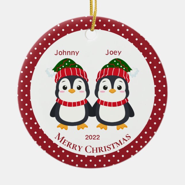 Whimsical Twin Brothers Penguins Personalised   Ceramic Tree Decoration (Front)