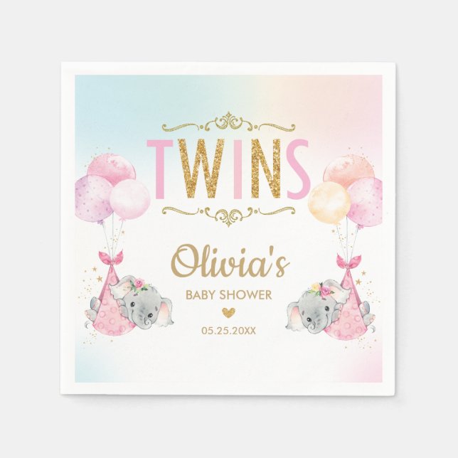 Whimsical Twin Girls Elephant Baby Shower Sprinkle Napkin (Front)