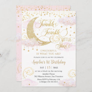 Whimsical Twinkle Little Star Pink 1st Birthday Invitation