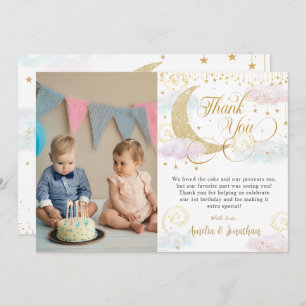 Whimsical Twinkle Little Star Twins Birthday Photo Thank You Card