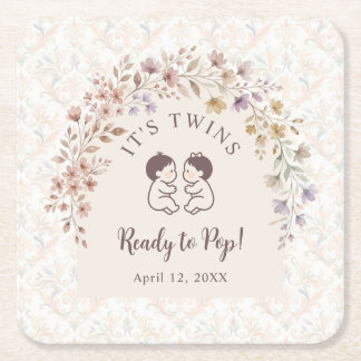 Whimsical Twins Baby Shower Vintage Floral LPM26 Square Paper Coaster
