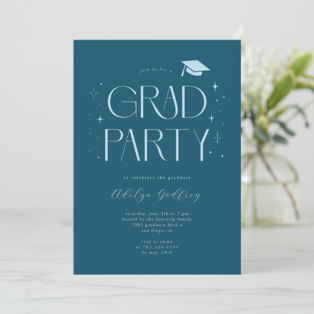Whimsical Typography Teal Graduation Party Invitation (Standing Front)