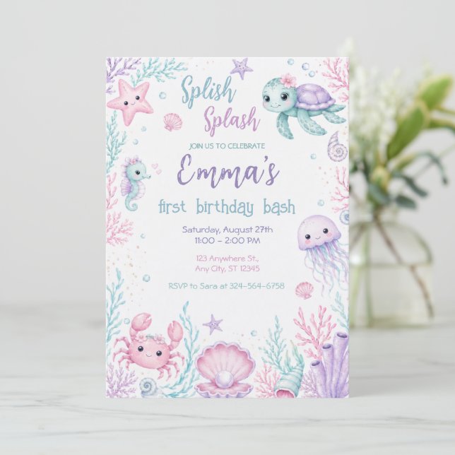 Whimsical Under the Sea First Birthday Celebration Invitation (Standing Front)