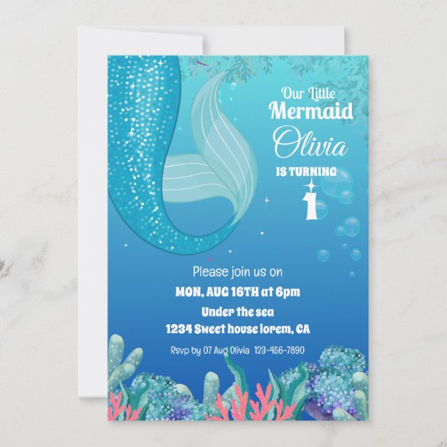 Whimsical Under the Sea Mermaid girl 1st birthday  Invitation (Front)