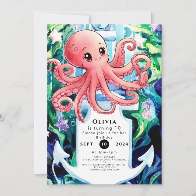 Whimsical Under the Sea Octopus Birthday Invitation (Front)