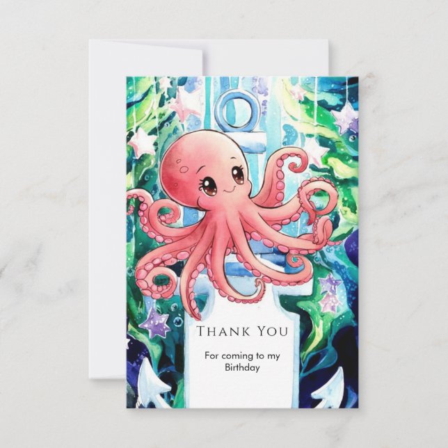 Whimsical Under the Sea Octopus Birthday Thank You Card (Front)
